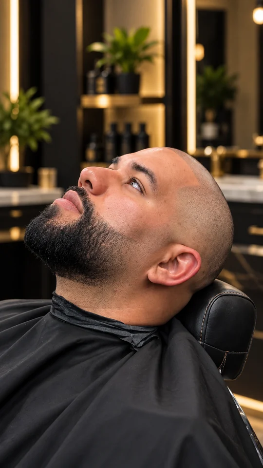 Vista de perfil con cabeza rapada y barba perfilada.