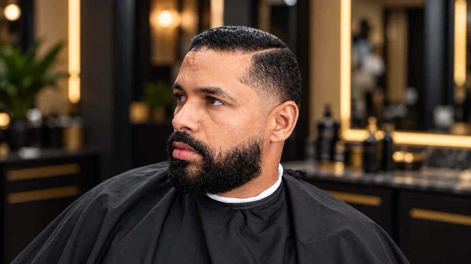 Corte degradado con raya lateral y barba definida.