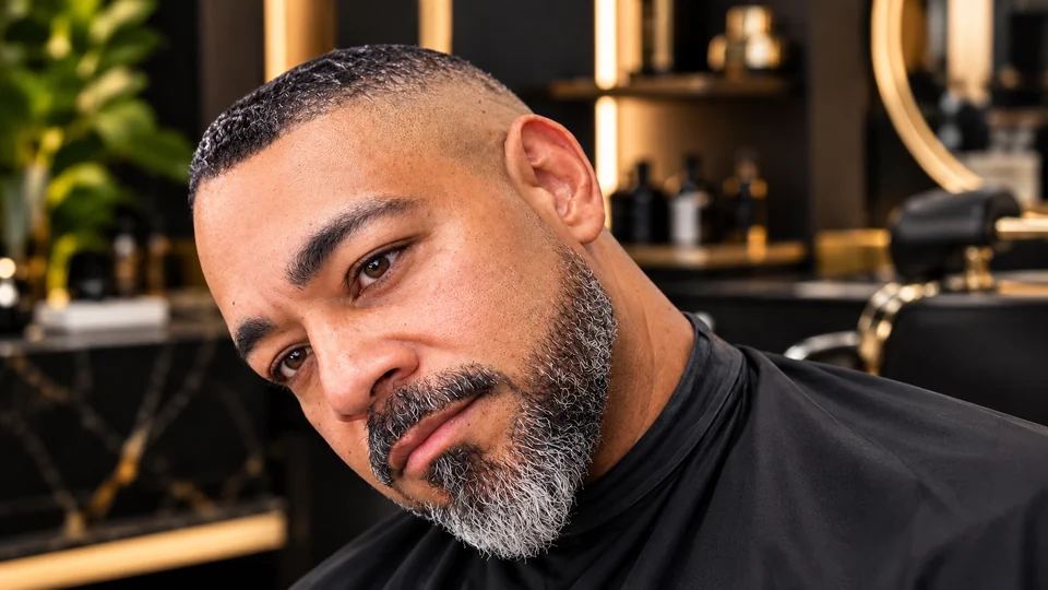 Corte corto degradado y barba con canas perfilada.